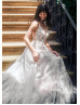 Ivory Glitter Lace Tulle Deep V Back Elegant Wedding Dress